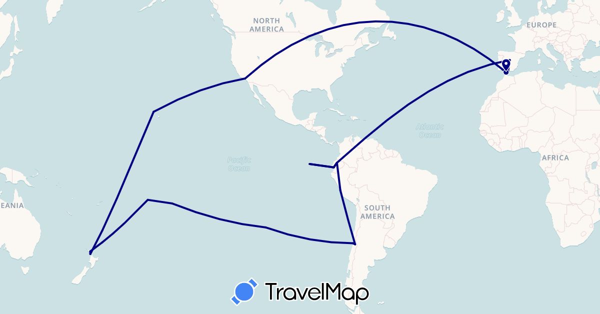 TravelMap itinerary: driving in Cook Islands, Chile, Ecuador, Spain, France, New Zealand, Peru, United States (Europe, North America, Oceania, South America)